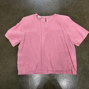Vintage Pink Shirt Womens Large Short Sleeve Round Neck Rayon Blouse USA